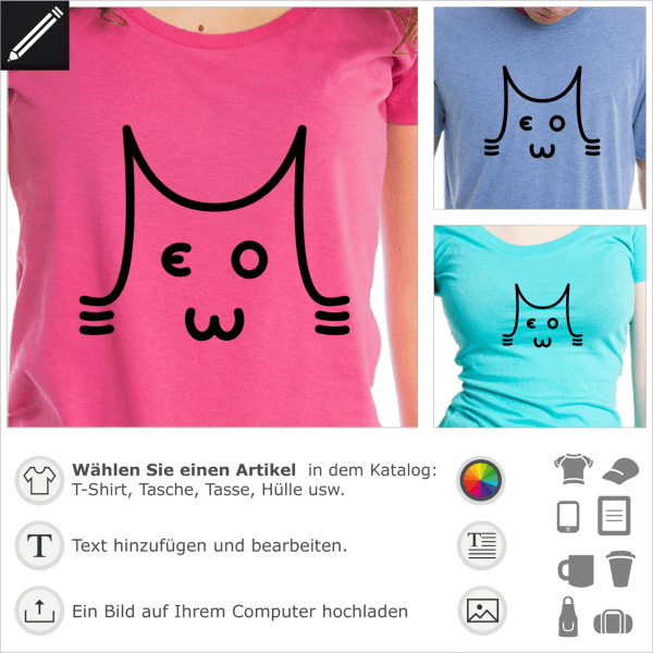 Meow Katze aus Typografie gezeichnet. Gestalte ein T-Shirt Katze und Wortspiel.
