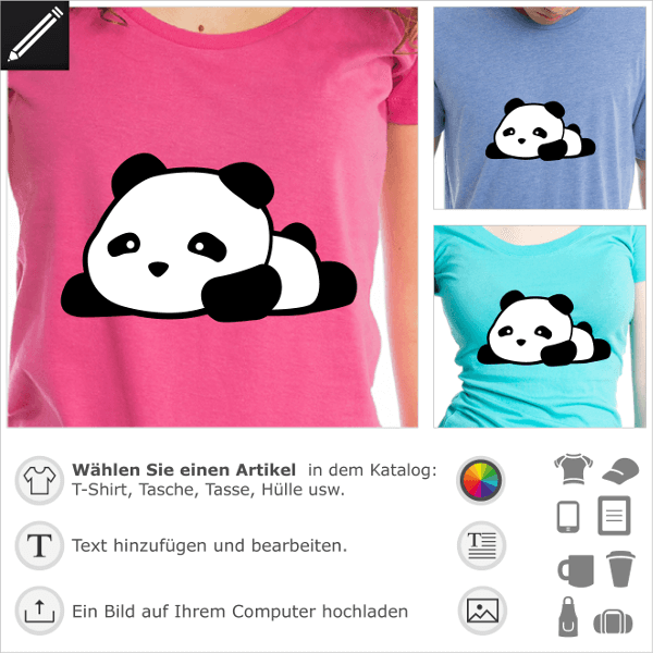 Panda kawaii T-Shirt liegend und mit verlängerten Beinen, schwarz-weißes Panda-Design zum Anpassen und Drucken.