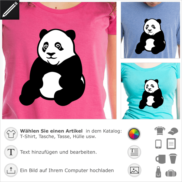 Panda T-Shirt. Panda im Sitzen gezeichnet, die Vorderbeine ruhen auf den Hinterbeinen.  Der Panda ist in schwarz-weißen Uni-Farben und dicken Linien g