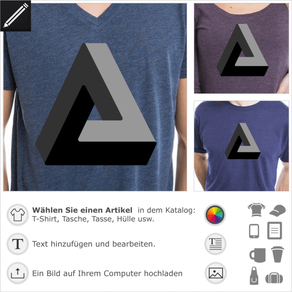Unmögliches Dreieck, optische Täuschung Design für t-Shirt Druck. 3D Dreieck, das nicht existiert.