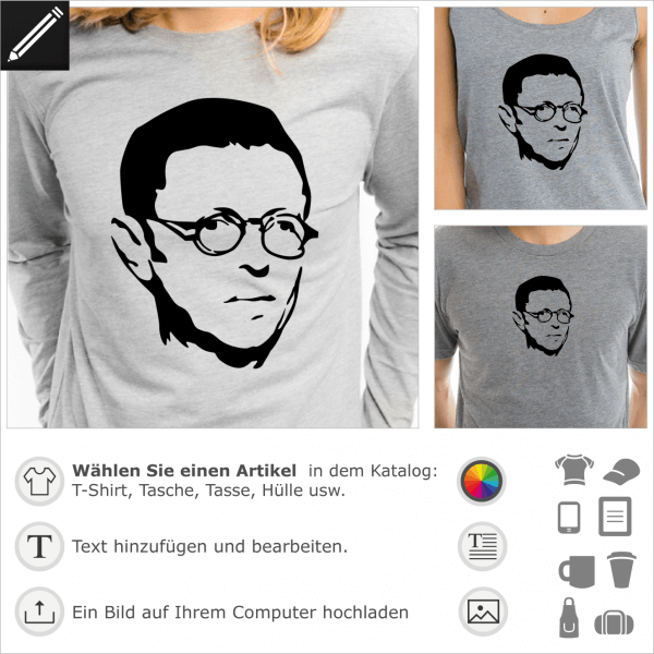 Sartre anpassbares Porträt für T-Shirt Druck. Personalisierte Philosophie T-Shirts online.