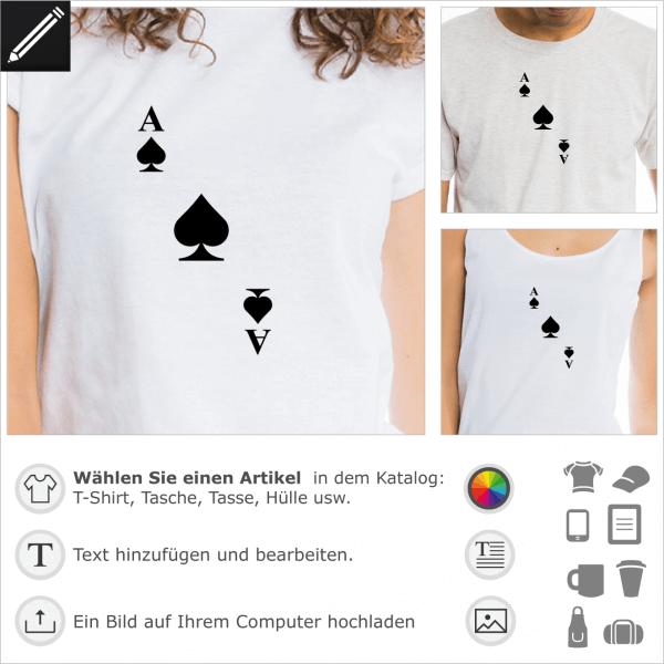 Kartenspiel Pik diagonales Motiv. Personalisierte ein T-Shirt wie eine Poker Spiel Karte. Pik Ace.