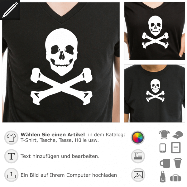 Totenkopf und Knochen anpassbares Design für T-Shirt Druck.