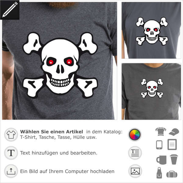 Totenkopf mit roten Augen. Gestalte ein T-Shirt Pirat mit diesem Piraten Design mit Knochen.