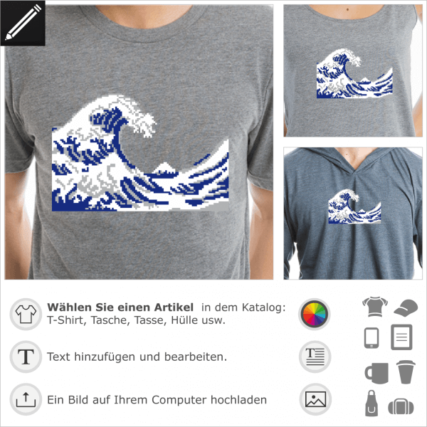 Hokusai Pixel Art Welle, 8bits Design für T-Shrit Druck. Gestalte ein T-Shirt Geek und Pixelart.
