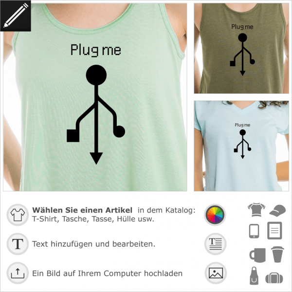 Plug me / hug me USB Symbol, anpassbares Nerd Design fr T-Shirt Druck.