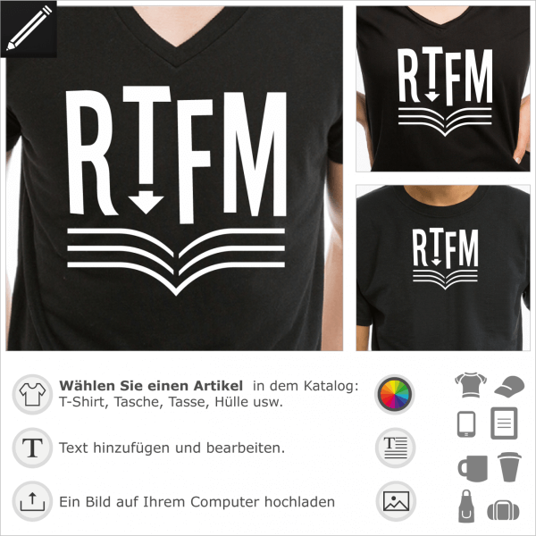 Read the Fucking Manual Buch, RTFM Design für T-Shirt Druck. Personalisiere ein Programmer und Programmierung T-Shirt.