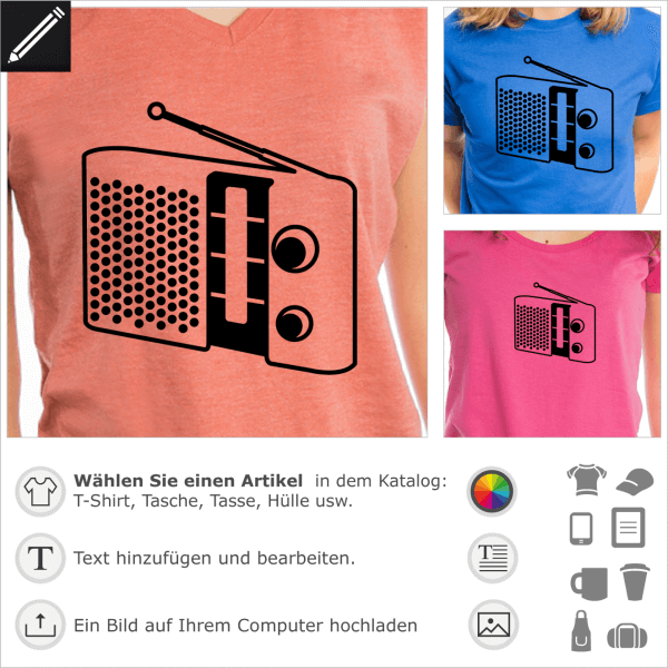 Vintage Radioapparat personalisierbares Design fr T-Shirt Druck. Durchsichtiges vintage Radiogert.