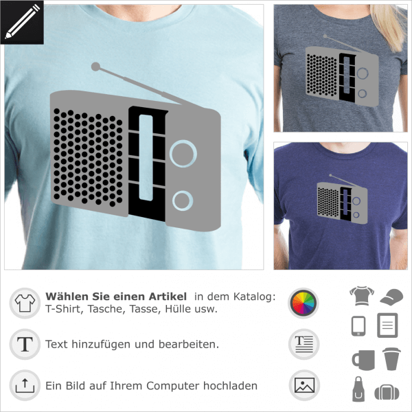 Vintage Radio, Radiogerät undurchsichtiges personalisierbares Design für T-Shirt Druck. Personalisiere dein T-Shirt oder dein Accessoire Musik.