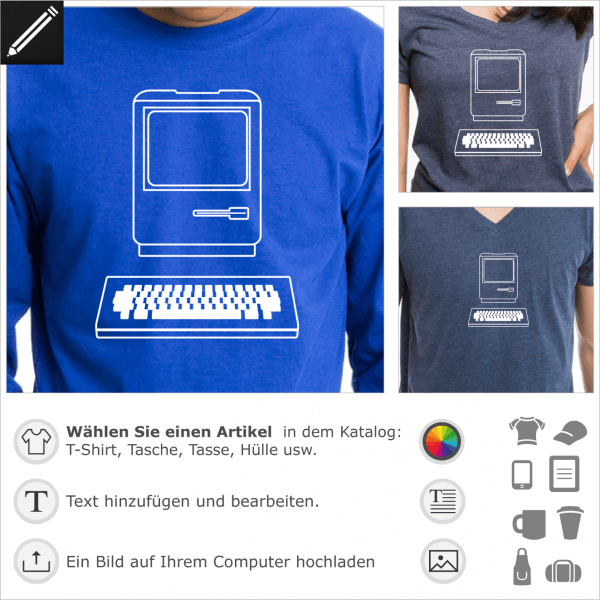 Vintage Mac Computer Design für T-Shirt Druck. Personalisierte Retro Geek und Retro Gaming Design.