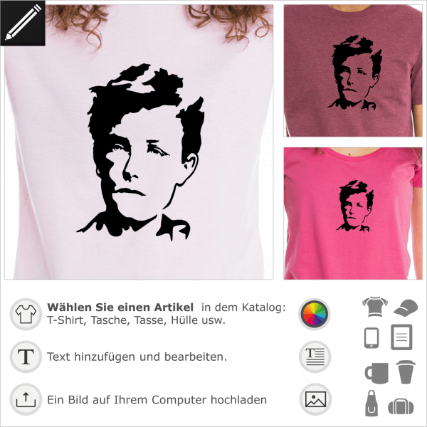 Arthur Rimbaud Porträt, 1 Farbe personalisierbares Design für T-Shirt Druck.