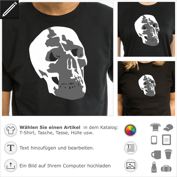 Totenkopf menschlicher Schädel, 2 Farben personalisierbares Design für T-Shirt Druck. Gestalte ein T-Shirt Totenkopf und Piratenflagge.