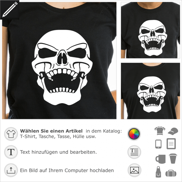 Original T-Shirt mit Totenkopf, um sich selbst zu personalisieren. Der Schädel kichert und ist nach hinten gebeugt. Piraten T-Shirt.