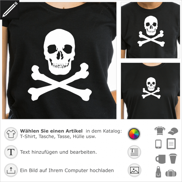 Klassischer Totenkopf Design für T-Shirt Druck. Selbst gestalte ein Piratenflagge T-Shirt.