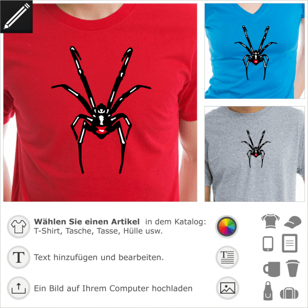 Schwarze Spinne Design mit Schimmern. Gestalte ein T-Shirt mit diesem Schwarze Witwe Motiv.