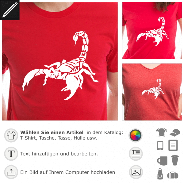 Stilisiertes Skorpion Design. 1 Farbe Motiv für T-Shirt Druck.