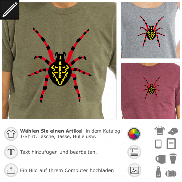 Dickbuchig Spinne mit Flecken auf dem Rcken. Gestalte ein T-Shirt mit dieser 3 Farben Spinne.