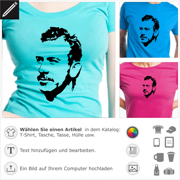 Steinbeck Porträt für personalisierte T-Shirts. Gestalte einen Artikel mit diesem Schriftsteller Porträt.