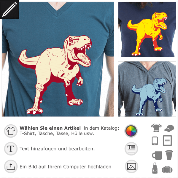 Dinosaurier-T-Shirt zum Anpassen. T-Rex 3 Farben, für online Druck. Stilisierter Tyrannosaurus.