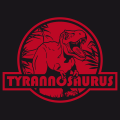 Dinosaurier-T-Shirt zum Anpassen. Stilisierter T-Rex-Ausschnitt auf rundem rotem Hintergrund und Beschriftung mit dem Hinweis: Tyrannosaurus.