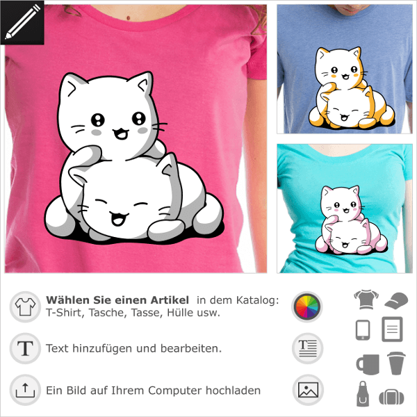 T-Shirt kawaii Kätzchen. Lustige Kätzchen eng beieinander. Personalisiere ein süßes Kätzchen T-Shirt.
