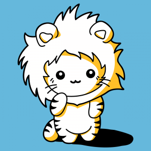 Kawaii Katzen T-Shirt. Lustige Kawaii Katze gekleidet als Löwe mit Mähnenhaube.  Anpassbares 3-Farben-Design.