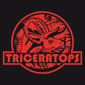 Dinosaurier-T-Shirt, Triceratops auf rundem Logo im Jurassic Park-Stil ausgeschnitten. Gestalte ein originelles Dinosaurier-T-Shirt.