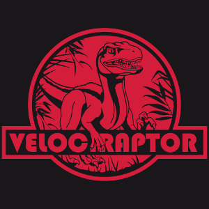 T-Shirt Raptor. Velociraptor Schnitt auf runder Linie, mit Dschungelformen und Vegetation.