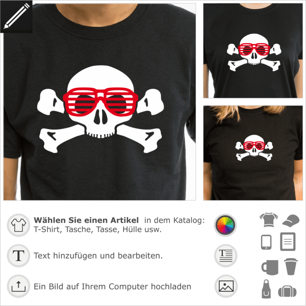 Geek Nerd Totenkopf Design für T-Shirts Druck. Gestalte ein T-Shirt für Geeks mit diesem personalisierbaren Totenkopf mit Brillen.