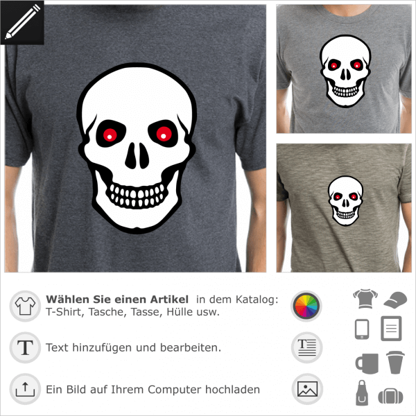 Piraten Totenkopf mit roten Augen. Personalisierbarer Totenkopf für T-Shirt Druck. 3 Farben Piraten Design.