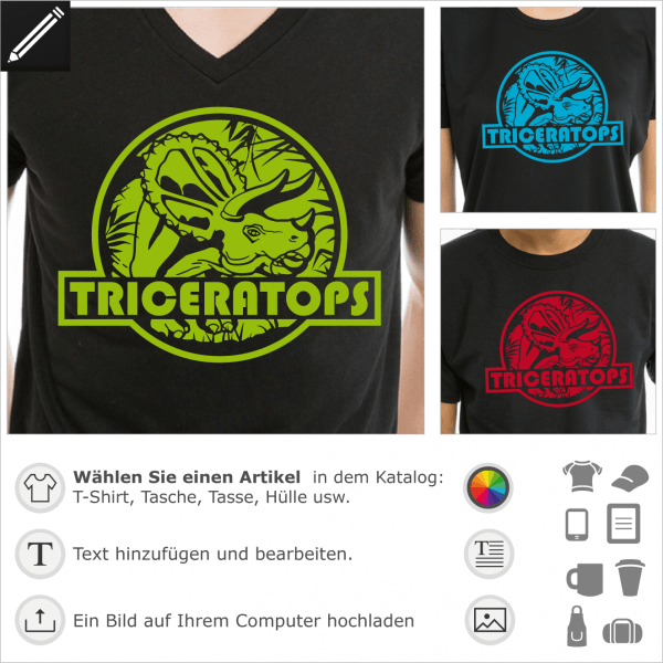 Triceratops T-Shirt, Jura-Logo mit einem Dinosaurier, der auf einem vegetativen Hintergrund ausgeschnitten ist. Personalisiere ein Dinosaurier T-Shirt