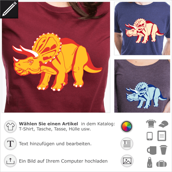 Anpassbares Dinosaurier-T-Shirt für den Online-Druck. Passen Sie das Design an und erstellen Sie ein Triceratops T-Shirt.