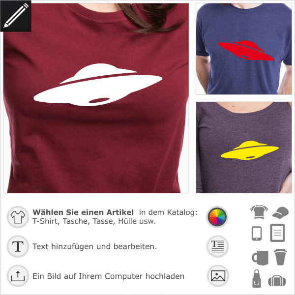 Ufo T-Shirt, stylische fliegende Untertasse zum Anpassen. Alien und UFO T-Shirt zum online drucken.