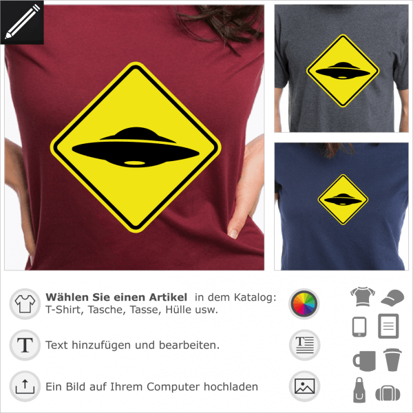 UFO Strassenschild zweifarbiges Design, selbst gestalte dein Alien und X Files T-Shirt.