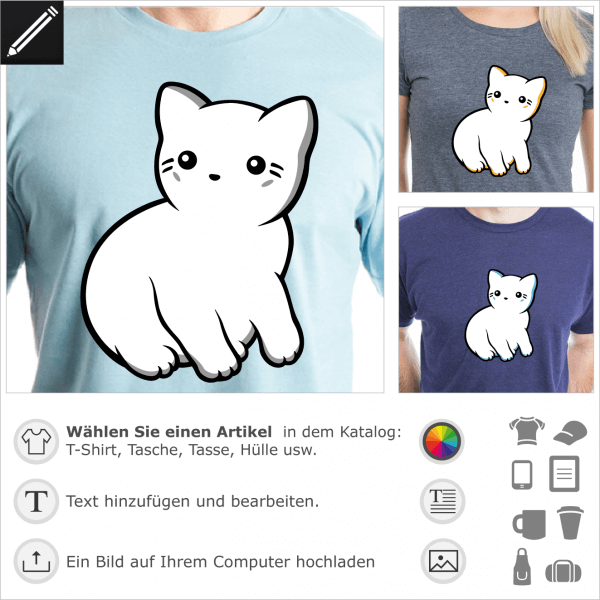 Kawaii Katzen T-Shirt im Profil, mit feinen Konturen und grauen Schatten.
