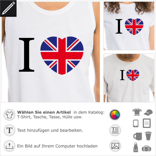 I love UK mit einem Herz aus der Farben der englischer Fahne gezeichnet. Gestalte ein t-Shirt I Love UK