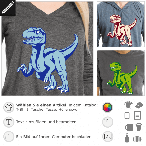 T-Shirt Velociraptor zum Personalisieren und Drucken online. Stilisierter 3-farbiger, opaker Dinosaurier.