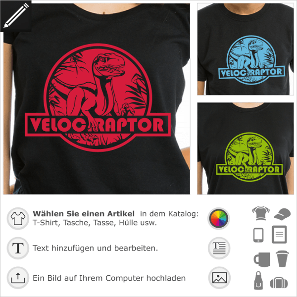T-shirt Velociraptor gestalten. Dinosaurier-T-Shirt mit rundem Raptor-Logo, inspiriert vom Jurassic Park.