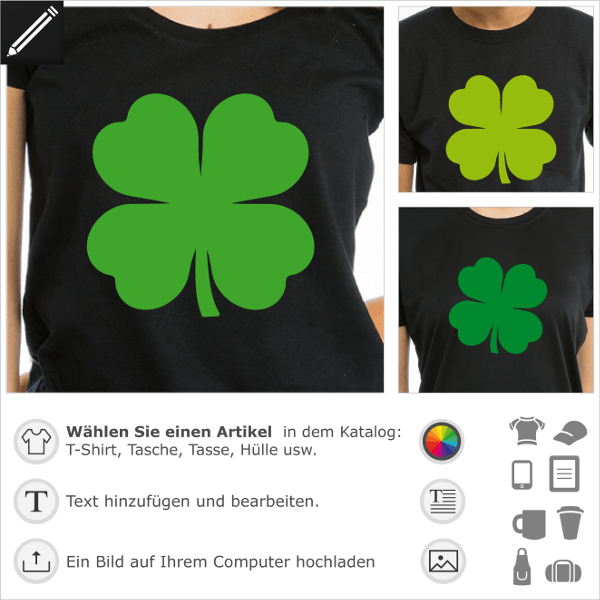 Vierblättriges Kleeblatt T-Shirt zum Personalisieren und Drucken für St. Patrick's Day. Undurchsichtiger, einfacher irischer Klee.