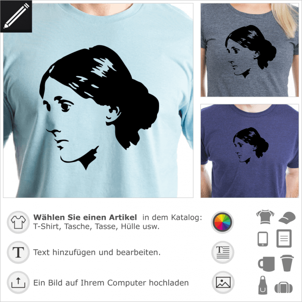 Virginia Woolf personalisierbares Porträt, eine Farbe Design für T-Shirt Druck.