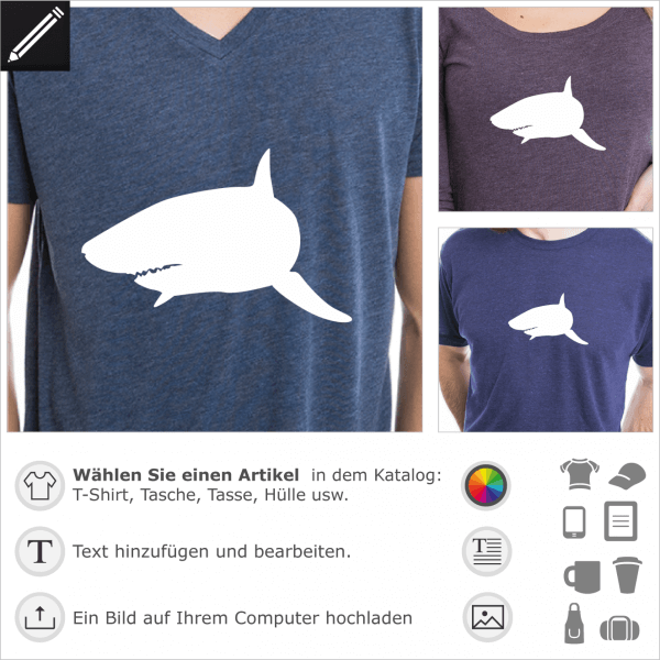 Hai Piktogramm, personalisierbares Motiv. Gestalte ein T-Shirt Hai und Ozean mit diesem stilisierte Hai Design für T-Shirt Druck.
