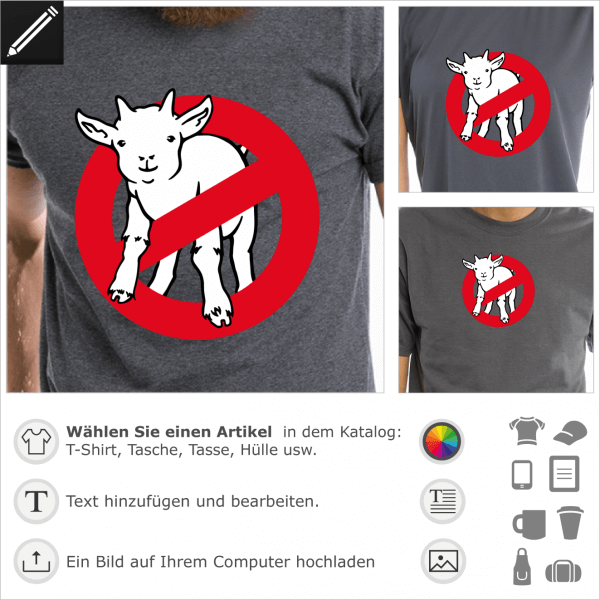 Ziege für T-Shirt Druck. Goatbusters, Geek Humor. Lustige Ziege und Verkehrsschild.
