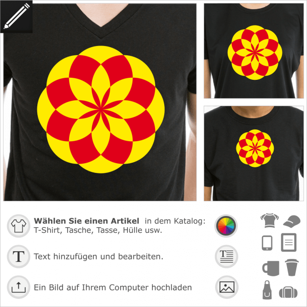 Geometrisches Lotus Design. Zwei Farben Motiv. Gestalte ein indisches T-Shirt mit diese geometrische Blume.