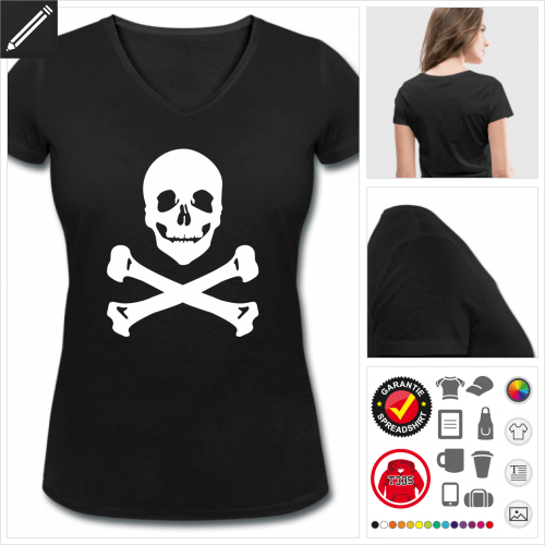 V-Ausschnitt Piratenflagge T-Shirt selbst gestalten. Online Druckerei