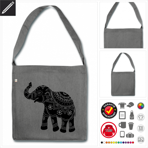 Kunstvoller Elefant Schulltertasche selbst gestalten. Druck ab 1 Stuck